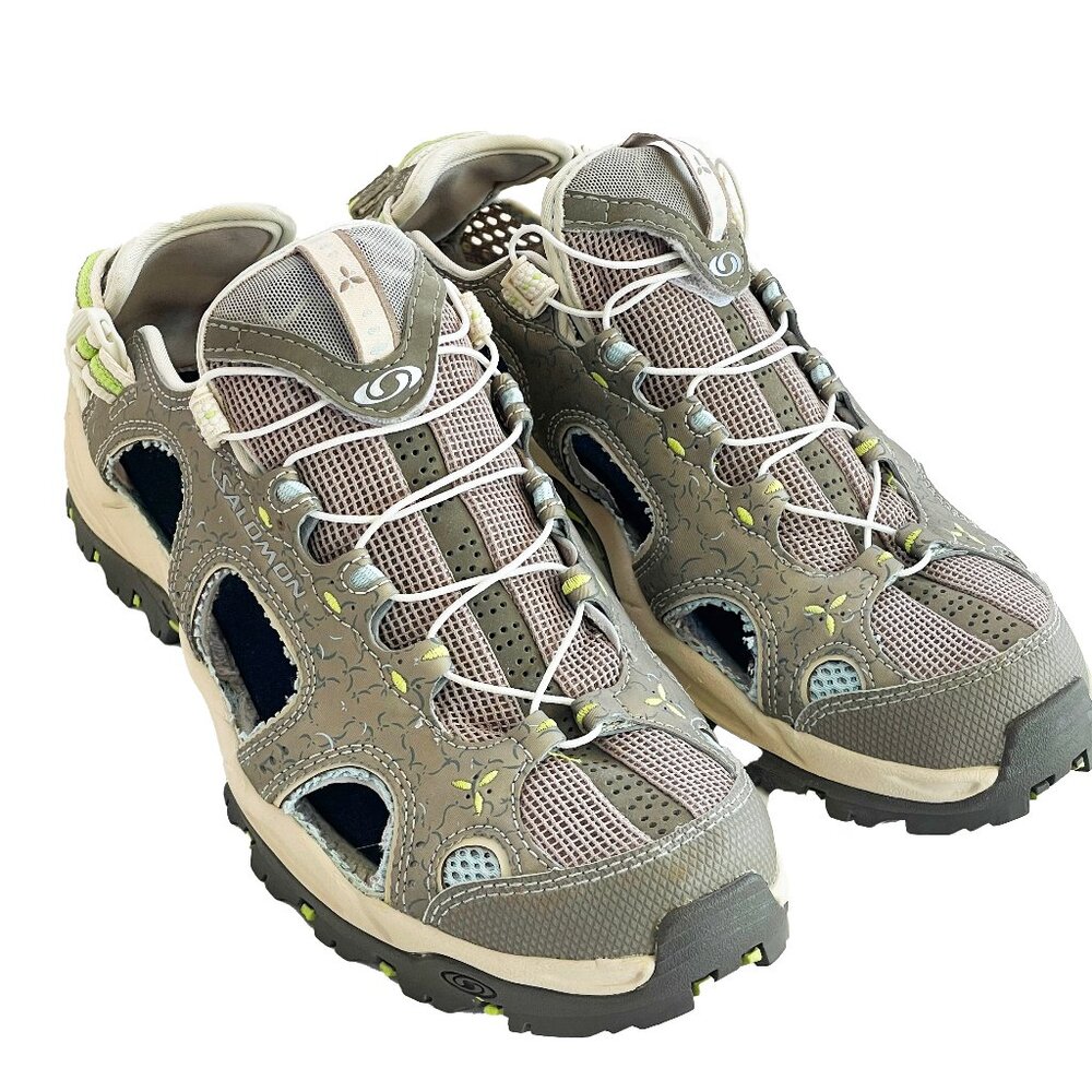 Salomon Womens 8 Techamphibian 127887 Gray Khaki  Mesh Trail Hiking Water Shoes